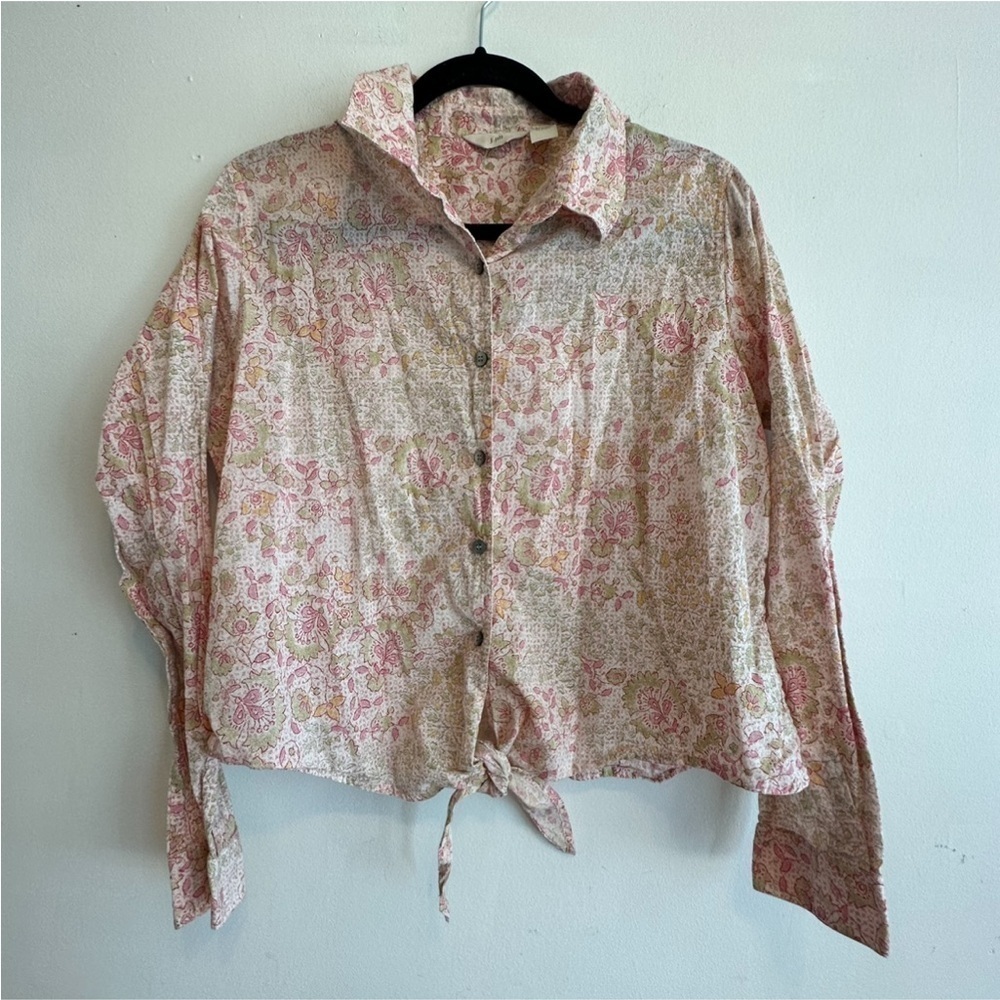 J Jill blouse size L 100% cotton green dark pink orange ditsy floral print
